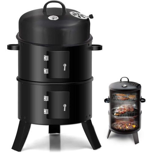 3-In-1 Charcoal Grill BBQ Smoker Barbecue Stove Oven With Thermometer,3 Grates And 2 Doors- Black