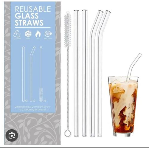 Glass Straw with Straw Cleaning Brush 4 Glass Straws Transparent & 1 Cleaner Clear Reusable Straw Glass, Elegant Alternate to Stainless Steel Straws for Drinking Juice, Smoothie by The Tea Trove- Clea