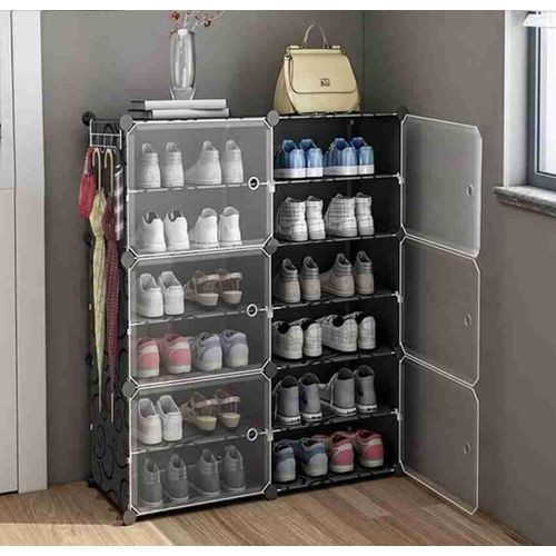 Portable Plastic Shoe Rack Organizer With Door, 30 Pairs Shoe Storage Cabinet Easy Assembly, Adjustable Shoe Storage Organizer Stackable Detachable Free Standing Shoe Rack Shelf 12-Layer-6-Door- Multi