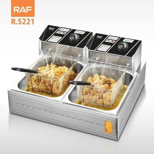 RAF 11 Litre Automatic Commercial 5.5L+5.5L Double 2 Basket Stainless Steel Electric Deep Fryer Countertop Frying Pan For Chicken Chips French Fries Home Kitchen Restaurant Food Cooker- Silver