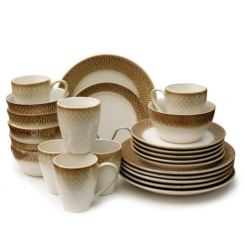 24pcs Mat Design Plates Bowls Cups Sideplate Dinnerware Set - Cream.