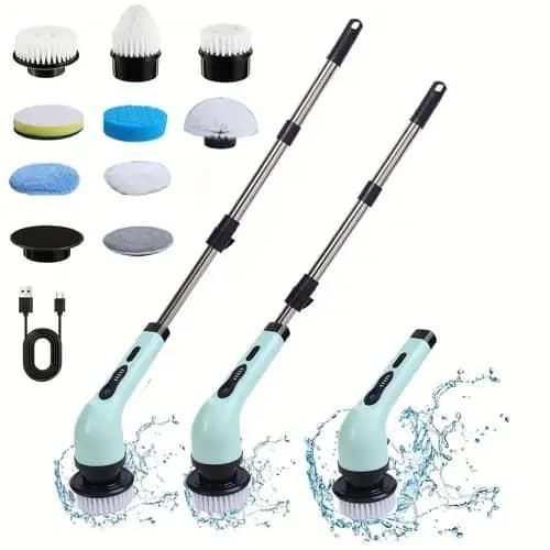 Wireless Rotatable 9-in-1 Electric Cleaning Brush For Windows Toilet Kitchen Wall Cleaner LED Display Handheld Shower Scrubber Bathroom Cleaning Tools- Multicolor