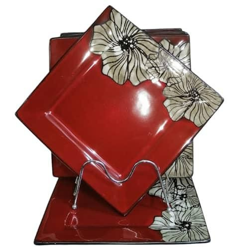 6 Pieces of Squre Silver Flowered Food Serving Dinner Plates Platter- Red