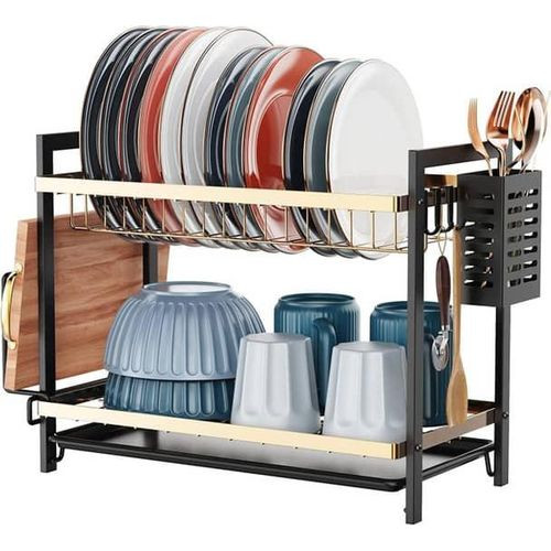 2 Tier Dish Drying Rack Bowl Plate Drainer With Drip Tray, Sink Draining Board Utensil & Cutting Board Holder for Kitchen Counter, Space Saving Kitchen Organizer- Multicolor