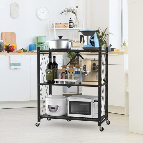 3 shelf Foldable Storage Shelf Unit Microwave Oven Rack Organizer With Wheel Floor Multi-layer Storage Rack, Kitchen Cart,Tableware And Seasoning Holders For Kitchen Garage Laundry Bathroom Office- Mu