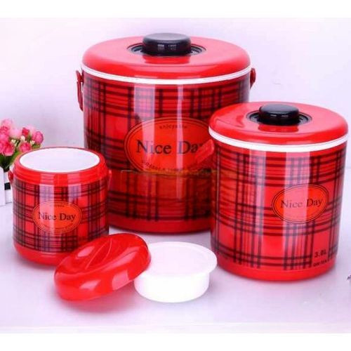 3Pc Checked Food Warmer Dishes Thermal Insulation Hot Pot Casserole Lunch Boxes - Red