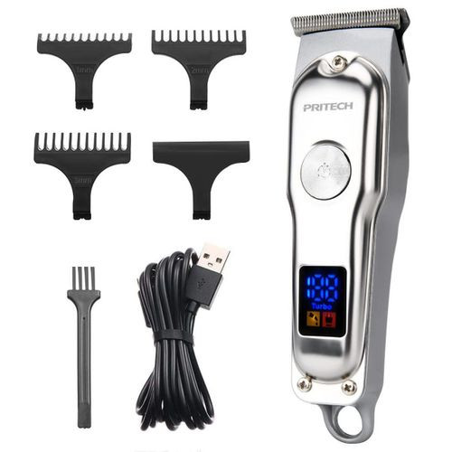 Pritech Professional Hair Clippers for Men - Barber Clippers for Hair Cutting Grooming Kit - Adjustable Hair Trimmer for Men, All Metal Beard Trimmer, Cordless Clippers, Rechargeable, LED Display- Sil