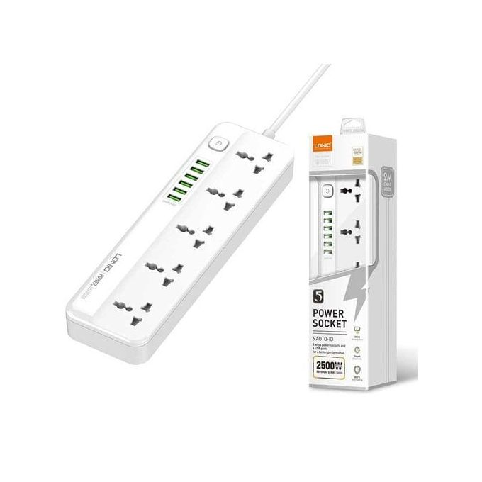 Ldnio 2500W Power Strip Surge Protector With 5 Ac Outlets Sockets And 6 Usb Charging Ports 2m Long Extension Cord For Home- White