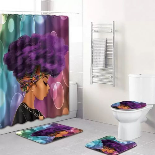 4 Piece Black Woman Waterproof Shower Curtain With Toilet Cover Mats Non-Slip Bathroom Rugs, Blue.