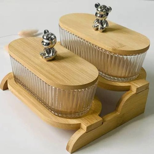 2 Jars 2 Tier Glass Snacks Serving Bowls Set Platters With Bamboo Wooden Tray Stand Rack And Lids For Dessert, Fruit, Vegetables, Appetizer, Cake, Candy, Chip Dip Food Storage- Clear