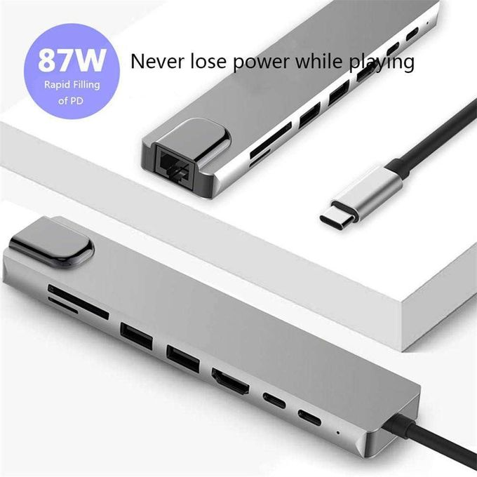 Travel USB 3.0 Connectivity Hub USB-C Adapter Laptop Docking Station With HD, Portable 8 Function Traveling Device - RJ45 Gigabit Ethernet, USB 3.0 Hub, 8 in 1 Type-C HUB HDMI USB Multiport Card Reade