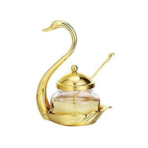 Swan Sugar Bowl or Salt Glass Jar With Serving Spoon - Gold