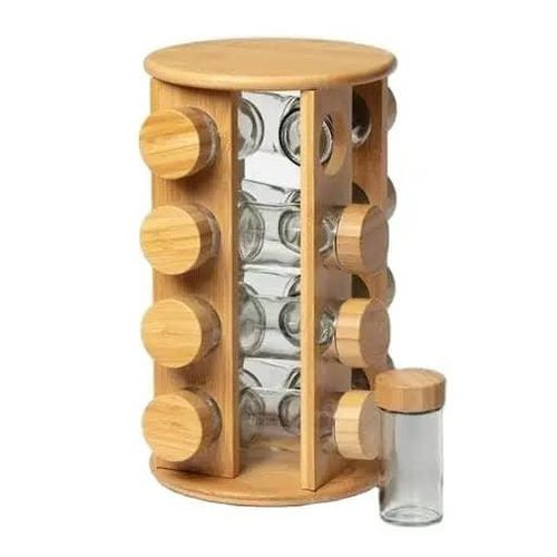 Kitchen Countertop Glass Rotating Airtight Seasoning Spice Rack 16 Spice Jars Storage Revolving Bamboo Organizer Decorative Bottles- Multicolor