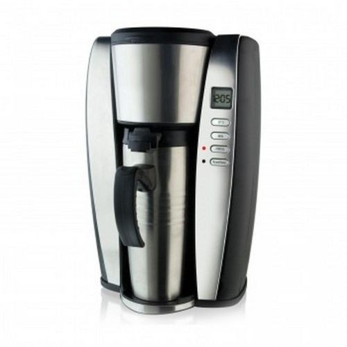 Personal Thermo Coffee Maker Machine With Timer And Insulated Cup- Warm Function, Silver.