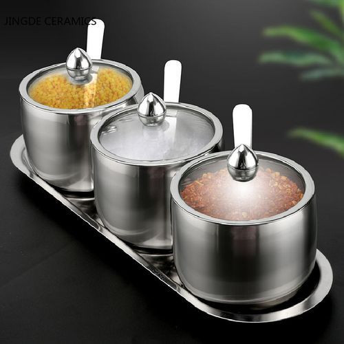 3 Pc Seasoning Containers Spice Jar Rack Condiment Salt Pepper Sugar Storage Organizers with Serving Spoons - Silver.