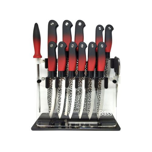 Bass 14 Piece Professional Set of kitchen knives Soft Touch Coated Handle Includes Sharpener, Stand & Vegetable Peeler, Ultra Sharp Cutlery for Cutting and Cooking- Multicolor