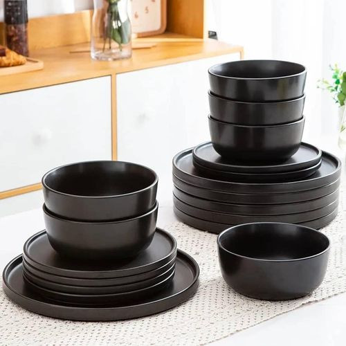 18pc Stoneware Dinnerware Sets of 6, Modern Plates and Bowls Sets, Chip and Crack Resistant Dishwasher & Microwave Safe Ceramic Dishes Set, Service For 6- Black