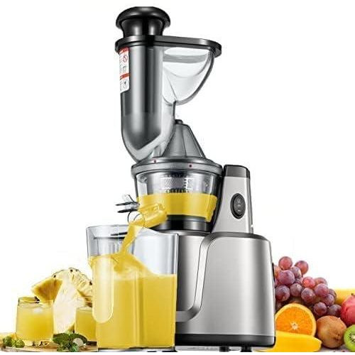 Hoffmans Slow Juicer, 75 mm Filling Opening, Juicer with Two Filters for Vegetables and Fruit, Baby Food and Ice Cream, Silent, Juice Recipe, Pre-Cleaning Function, Vertical- Silver