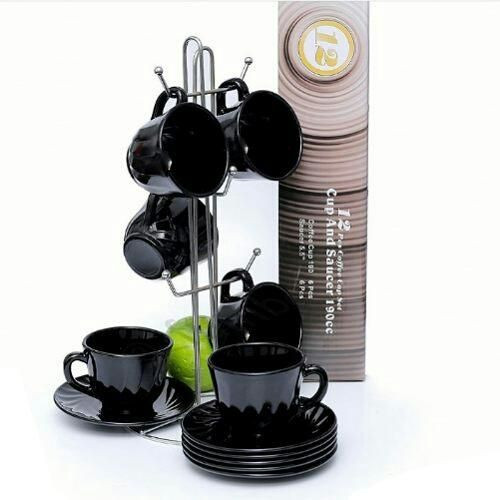 Wavy 6 Pieces Of Tea & Coffee Cups Mugs And 6 Saucers - Black