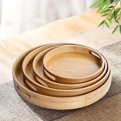 Set of 3 Bamboo Wood Natural Round Party Bar Serving Trays for Entertainment Food and Décor; Food Storage Raised Edge