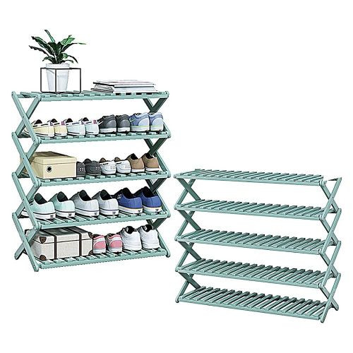 5 Tier Wooden Bamboo Shoe Rack Storage Shelf Stackable Organizer Multifunctional Shelf Foldable Stand (Green)