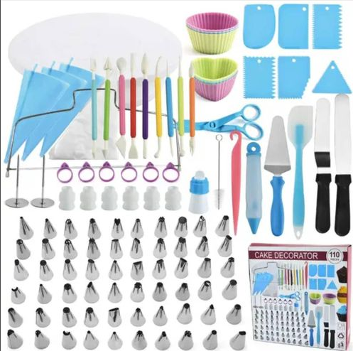 110Pcs Cake Baking Decoration Tools With Icing Tips Guide Household Kitchen Cake Stencils Nozzles Piping Tips Fondant Turntables Stand Dessert Cake Decorating Tools With Piping Bags & Tips Set, Carvin