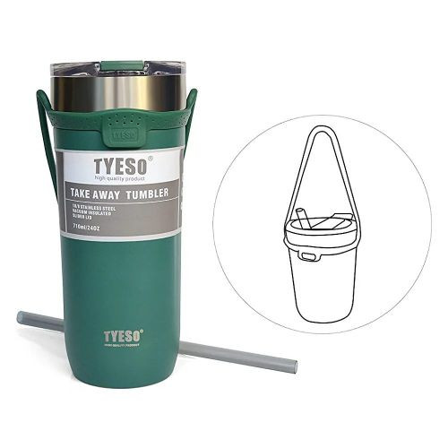 Stainless Steel Travel Tumbler Insulated Coffee Mug With Lid, Straw And Carrier, Vacuum Insulated Double Wall Powder Coated Thermal Cup With Splash Proof Sliding Lid -Green