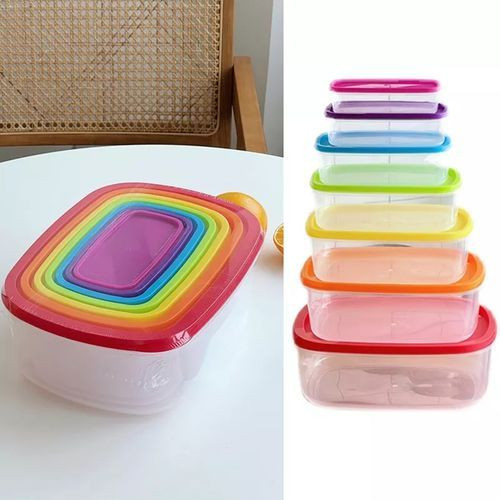 7 Piece Rainbow Plastic Fridge Storage Food Containers With Leakproof Lids- Multi-colour.