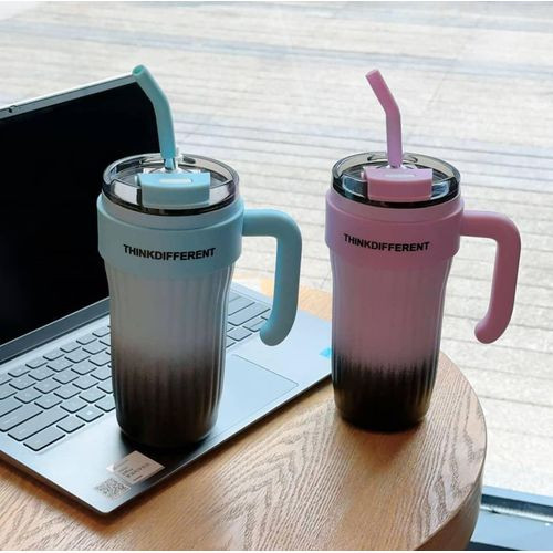 860ml Car Cup 304 Layer Stainless Steel Handle Straw Insulation Cup Student Cute Casual Portable Water Bottle Coffee Mug