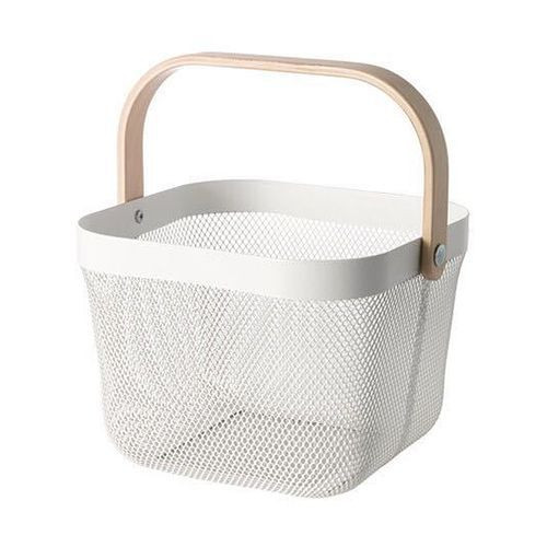 Square Metal Mesh Fruit Basket Shopping Wooden Handle Storage Bin- Multi-colour.