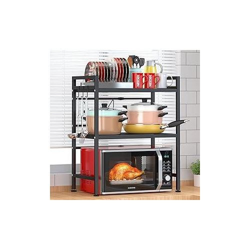 Microwave Oven Rack, Adjustable Shelf Organizer 3-Tiers with 3 Hooks, & 160lbs Capacity for Kitchen Counter