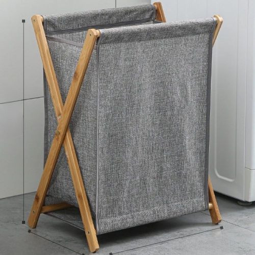 Foldable Clothes Laundry Basket Bag With Wooden Stand Storage Bin - Grey.