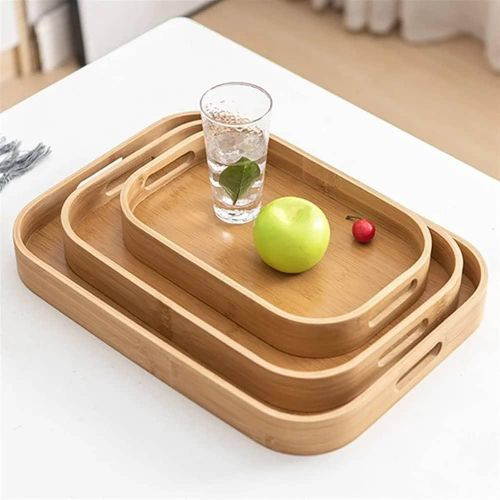 3 Piece Of Food Tray Bamboo Rectangle Serving Tray Wood Plate Tea Food Dishe Drink Platter Food Plate Dinner Beef Steak Fruit Snack Tray - Brown