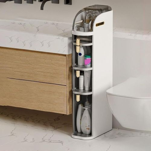 4 Tier Bathroom Floor Storage Cabinet 7in Narrow Tall Slim Bathroom Storage Tower with Clear Drawers and Casters Side Storage Organizer Cabinet for Tiny Kitchen Laundry Toilet Gap Book Shelf- Cream