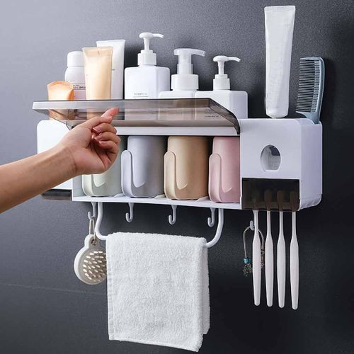 4 Cup Wall-Mounted Toothpaste Dispenser, Toothbrush Organizer, Towel Rack-White.