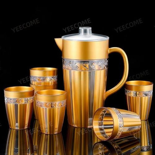 Unbreakable BPA Free One 2 lt Plastic Water Jug with Lid & Handle and 6 Pcs Serving Glass Set Combo, to Serve ice Tea, Juice, Cocktail, Mocktail, Beverages, for Dining Table- Gold, Silver