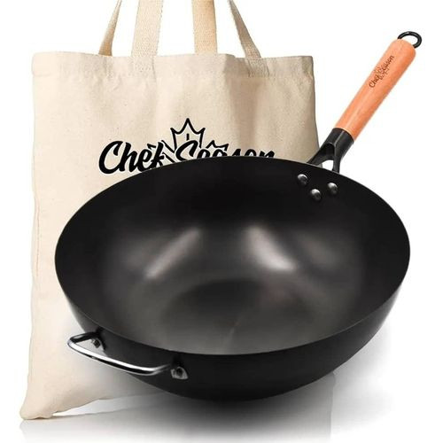 Carbon Steel Wok - 12.6 Flat Bottom Large Pre-seasoned & Coatless Chinese stir-fry pans Deep Pow Wok fits Electric, Induction, and Gas Cooktops