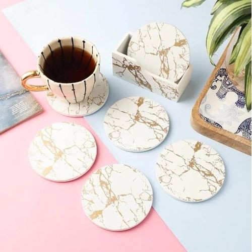 Drink Coasters with Holder for Coffee Table, Absorbent Coaster Sets of 6, Marble Style Ceramic Coaster for Wooden Table, Suitable for Kinds of Cups, Home Decor- Multicolor