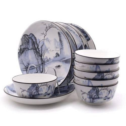 12 Piece Round Cloud Design Food Plates, Bowls Dinner Set - Multicolor