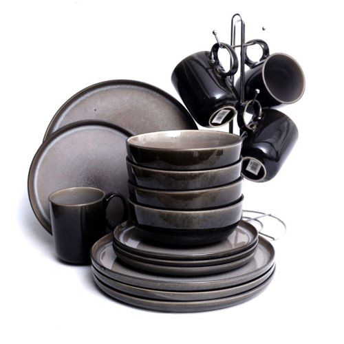 16-Piece Shinny Round Ceramic Tableware Dinnerware Set Turquoise Stoneware Cups Plates Side plates And Bowls Set For 4 People Porcelain Dinner Set Crockery Sets, Dishwasher Microwave - Grey